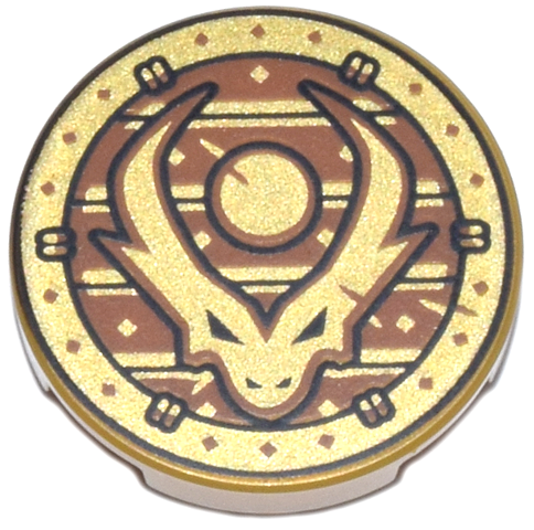 Lego Tile, Round 2 x 2 with Bottom Stud Holder with Dragon Head with Horns and Black Outline on Dark Orange Stripes in Circle Pattern / Pearl Gold