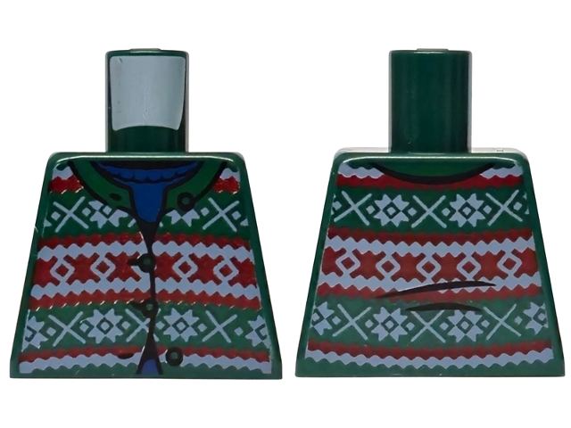 Lego Torso Fair Isle Cardigan Sweater with Red and White Stripes across Top, Middle and Bottom over Blue Shirt Pattern