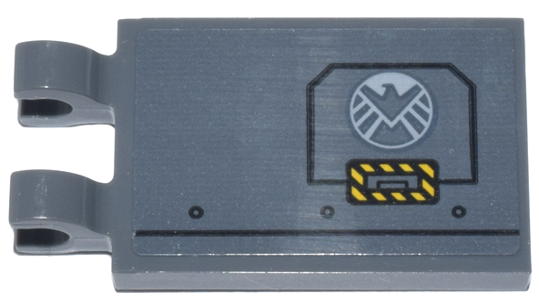 Lego Tile, Modified 2 x 3 with 2 Open O Clips with Panel with White Eagle Shield Logo and Black and Yellow Danger Stripes Pattern Model Left Side (Sticker) - Set 76269
