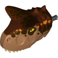 Lego Animal Body Part, Dinosaur, Carnotaurus Head with Pin, Tan Teeth, Reddish Brown Top and Dark Brown and Orange Spots