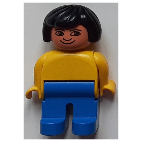 Lego Duplo Figure, Early, Hair Bob Black, Blue Legs, Plain Top / Blue