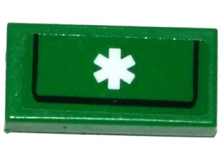 Lego Tile 1 x 2 with White EMT Star of Life and Black Line Pattern (Sticker) - Set 60109 / Green