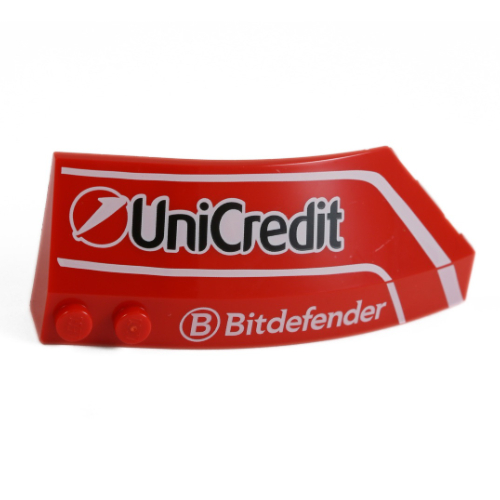 Lego Brick Wedged, Curved 8 x 3 x 2 Open Left with White Lines 'UniCredit', 'Bitdefender' Print