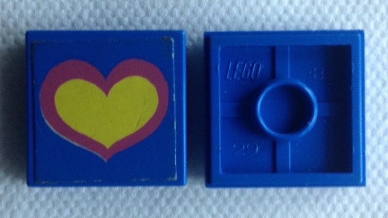 Lego Tile 2 x 2 with Pink and Yellow Heart on Blue Background Pattern (Sticker) - Set 275-1 / Blue