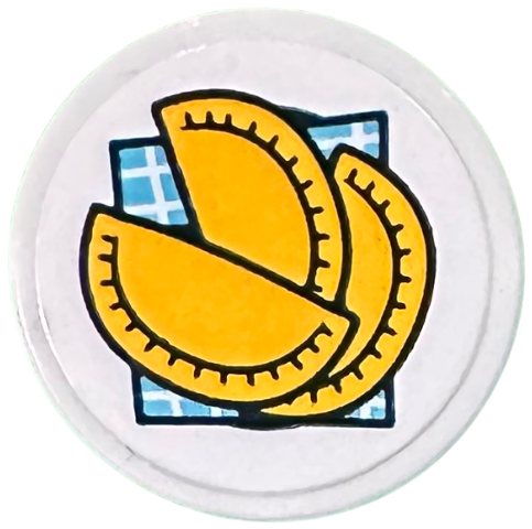 Lego Tile, Round 2 x 2 with Bottom Stud Holder with Bright Light Orange Empanadas on Medium Azure Checkered Background Pattern (Sticker) - Set 41735