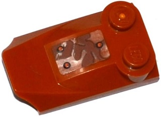 Lego Slope, Curved 3 x 2 x 2/3 with 2 Studs, Wing End with Rust and 3 Rivets Pattern Model Left Side (Sticker) - Set 70143 / Dark Orange