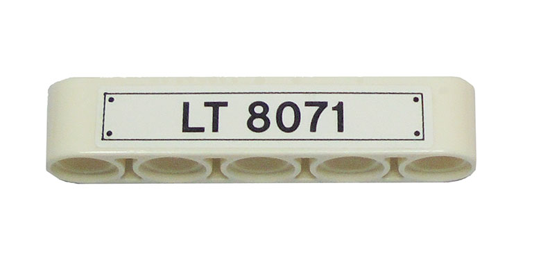 Lego Technic, Liftarm Thick 1 x 5 with 'LT 8071'  and 4 Rivets Pattern (Sticker) - Set 8071 / White