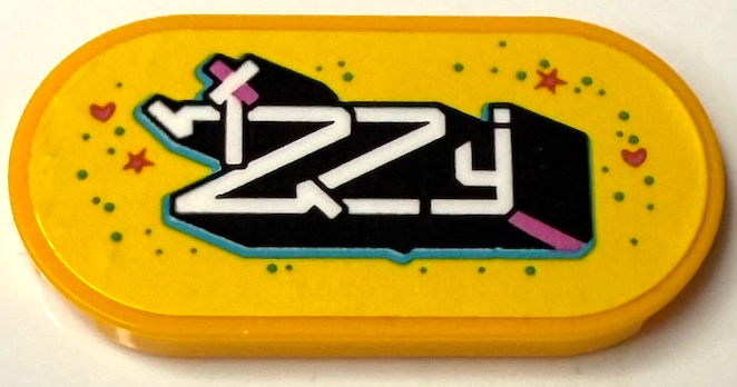 Lego Tile, Round 2 x 4 Oval with Black and White Stylized 'Izzy', Medium Azure Dots, Dark Pink Hearts and Stars Pattern (Sticker) - Set 71461