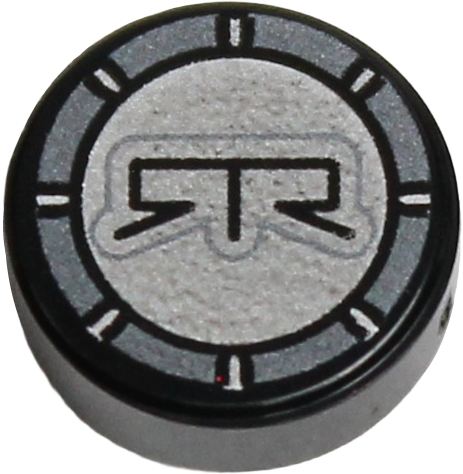 Lego Tile, Round 1 x 1 with Silver and Dark Silver RTR Logo Pattern / Black