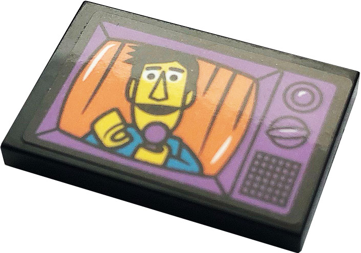 Lego Tile 2 x 3 with Medium Lavender TV Screen with Guy Smiley Pattern (Sticker) - Set 21324