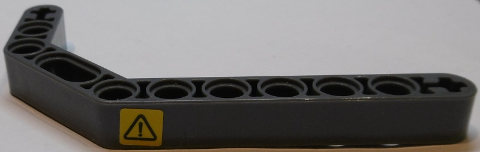 Lego Technic, Liftarm, Modified Bent Thick 1 x 11.5 Double with Black Exclamation Mark on Yellow Background Pattern Model Right Side (Sticker) - Set 42055 / Dark Bluish Gray