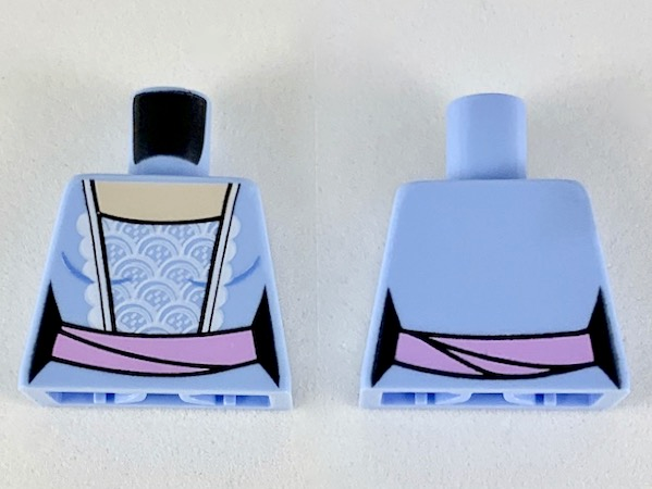 Lego Torso Female Dress with Light Nougat Neck, White Lace and Bright Pink Sash Pattern / Bright Light Blue
