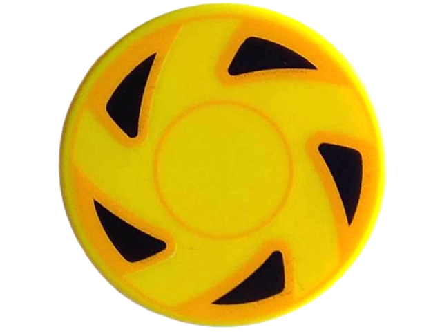Lego Tile, Round 2 x 2 with Bottom Stud Holder with Hubcap with Circles and 5 Black Triangles with Bright Light Orange Edges Pattern / Yellow