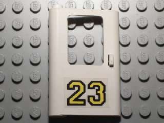 Lego Door 1 x 4 x 5 Train Left, Thin Support at Bottom with Yellow '23' Pattern (Sticker) - Set 5550 / White