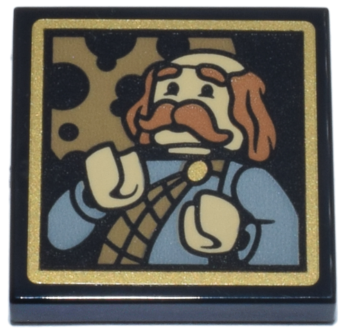 Lego Tile 2 x 2 with Bald Tan Minifigure, Medium Nougat Hair and Moustache, Sand Blue Shirt, Dark Tan Sash in Gold Frame Pattern (Sticker) - Set 76457 / Black