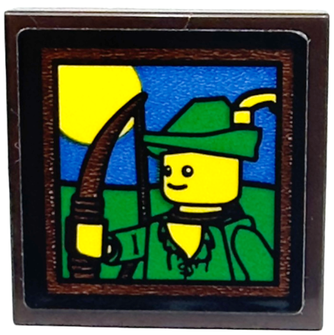 Lego Tile 2 x 2 with Picture of Forestman Minifigure with Green Hat and Yellow Feather Pattern (Sticker) - Set 910001 / Dark Brown
