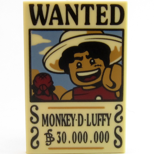 Lego Tile 2 x 3 with 'WANTED', 'MONKEY-D-LUFFY', '30.000.00' Print / Tan
