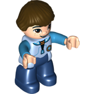 Lego Duplo Figure with 'Bowl Cut' Brown Hair, Light Bluish Gray Spacesuit with Badge and Medium Azure Sleeves, Light Nougat Hands and Face with Freckles, Dark Blue Legs (Miles) / Light Bluish Gray