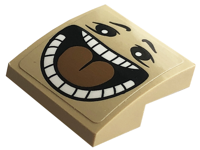 Lego Slope, Curved 2 x 2 x 2/3 with Black Eyes, Open Mouth with White Teeth and Medium Nougat Tongue Pattern (Sticker) - Set 76422