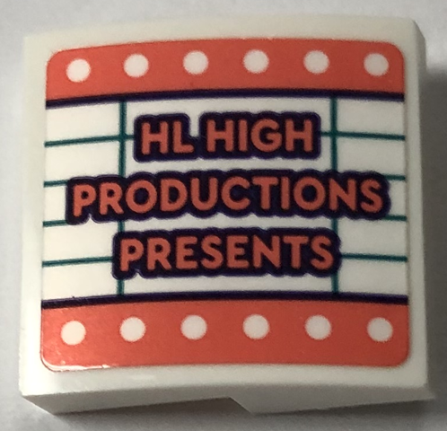 Lego Slope, Curved 2 x 2 x 2/3 with Theater Sign with Coral Border and 'HL HIGH PRODUCTIONS PRESENTS' Pattern Model Right Side (Sticker) - Set 41714 / White
