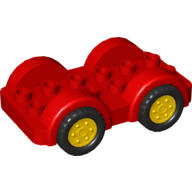 Lego Duplo Car Base 2 x 6 - 4 Yellow Wheels with Black Tires on 4 Fixed Axles / Red