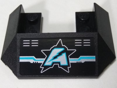 Lego Wedge 6 x 4 Cutout (Train Roof) with 5 Large Bottom Tubes with Silver and Medium Azure Ultra Agents Logo Pattern (Sticker) - Set 70165 / Black