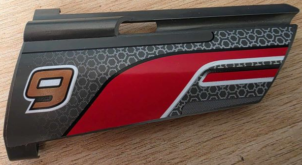 Lego Technic, Panel Fairing #20 Large Long, Small Hole, Side A with Number 9, Curved Red Stripe, Black and White Lines Pattern (Sticker) - Set 8366