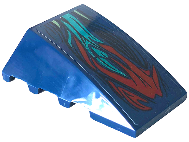 Lego Wedge 4 x 4 Triple Curved No Studs with Dark Red, Dark Turquoise and Sand Green Skin Pattern (Sticker) - Set 76154 / Dark Blue