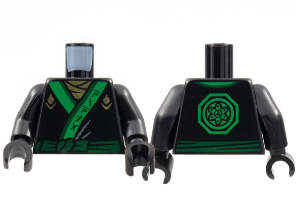 Lego Torso Ninjago Robe with Gold Scarf and Diamonds, Green Sash and Emblem Pattern / Black Arms / Black Hands