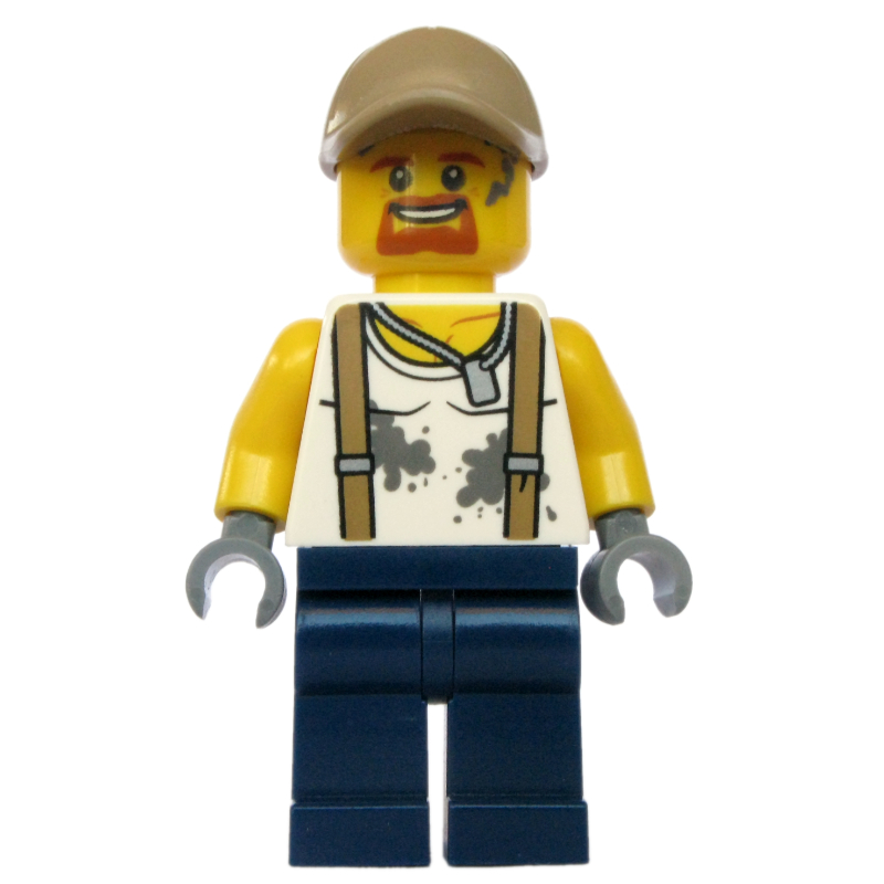 Lego Mechanic, Dirty White Shirt with Suspenders, Dark Blue Legs, Dark Tan Cap, Goatee Beard