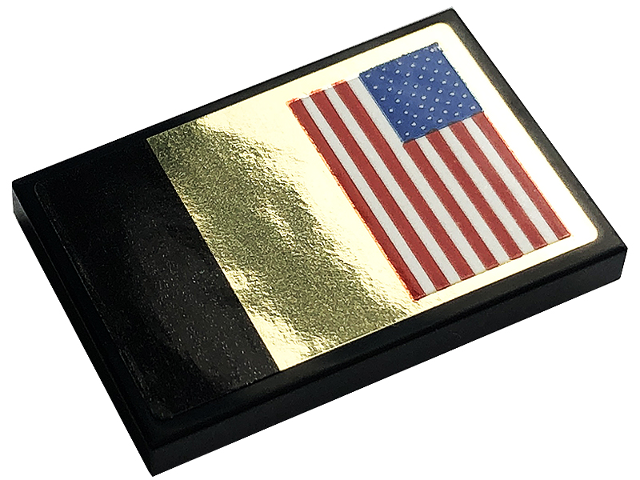 Lego Tile 2 x 3 with United States of America Flag on Gold Square Pattern (Sticker) - Set 10266 / Black