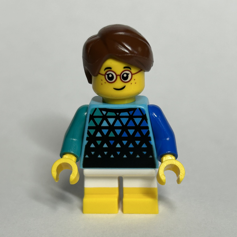 Lego Kid, Medium Azure Torso, White Legs with Yellow Feet, Reddish Brown Hair