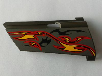 Lego Technic, Panel Fairing #21 Large Long, Small Hole, Side B with Orange and Red Flames on Dark Gray Background Pattern (Sticker) - Set 8649 / Pearl Dark Gray