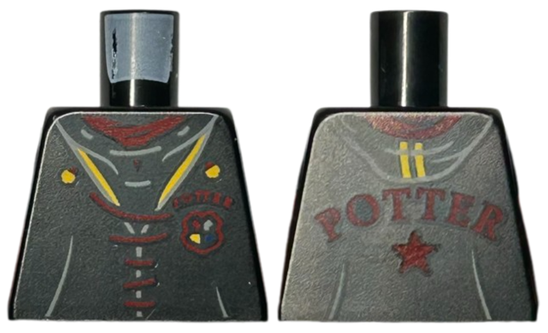 Lego Torso Jacket with Hogwarts Crest, Dark Red 'POTTER' and Laces, Bright Light Orange Trim Pattern / Black