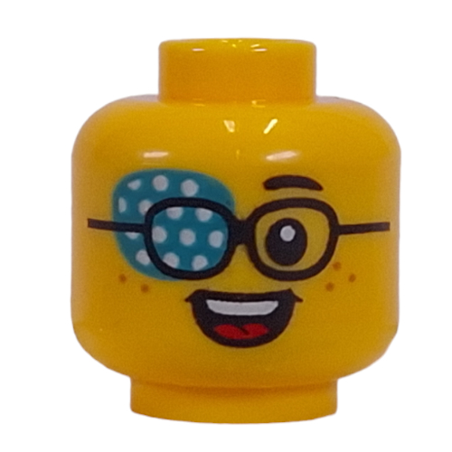 Lego Minifig Head, Freckles, Glasses, Amblyopia (Lazy Eye) Patch Print / Yellow