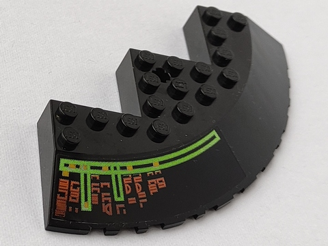 Lego Brick, Round Corner 10 x 10 with Slope 33 Edge, Axle Hole, Facet Cutout with Light Bars and Alien Characters Pattern Model Left Side (Sticker) - Set 7690 / Black