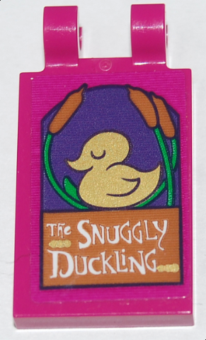 Lego Tile, Modified 2 x 3 with 2 Open O Clips with 'The SNUGGLY DuckLiNG', Gold Duck and Reed on Dark Purple Background Pattern (Sticker) - Set 43187 / Magenta