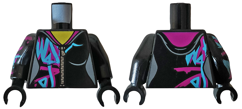 Lego Torso Female Hoodie with Zipper, Magenta and Medium Azure Markings Pattern / Black Arm Left / Black Arm Right with Magenta and Medium Azure Markings Pattern / Black Hands