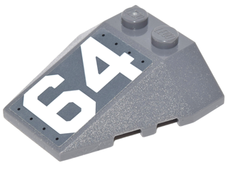 Lego Wedge 4 x 4 Triple with Stud Notches with White '64' on Dark Bluish Gray Background Pattern Model Left Side (Sticker) - Set 76042