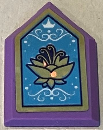 Lego Tile, Modified 2 x 3 Pentagonal with Gold Holographic Frame and Lotus Flower, White Crown and Filigree on Medium Blue Background Pattern (Sticker) - Set 43193 / Medium Lavender