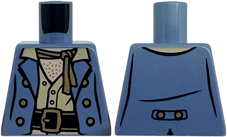 Lego Torso Jacket with 6 Buttons over Tan Shirt with Open Collar, Black Belt, Dark Tan Buckle and Scarf, Hairy Light Nougat Chest Pattern / Sand Blue