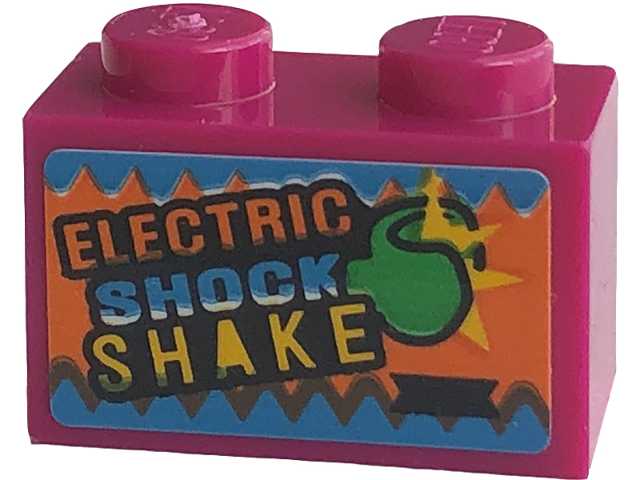 Lego Brick 1 x 2 with 'ELECTRIC SHOCK SHAKE' and Green Minifigure Hand Pattern (Sticker) - Set 76422 / Magenta