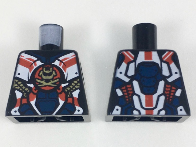 Lego Torso Female Armor, White and Dark Blue Panels, Gold Samurai X Logo, Gold and Red Trim Pattern / Black