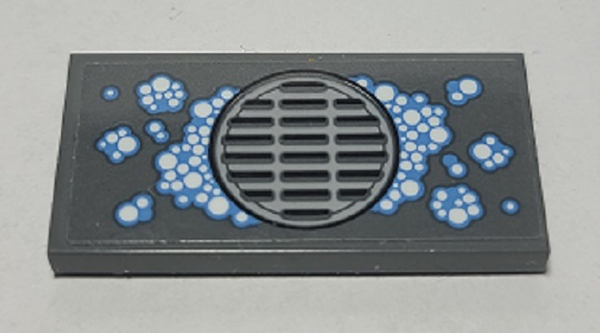 Lego Tile 2 x 4 with Floor Drain and Bubbles Pattern (Sticker) - Set 70912 / Dark Bluish Gray