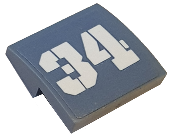 Lego Slope, Curved 2 x 2 x 2/3 with White Number 34 on Sand Blue Background Pattern (Sticker) - Set 70610 / Sand Blue