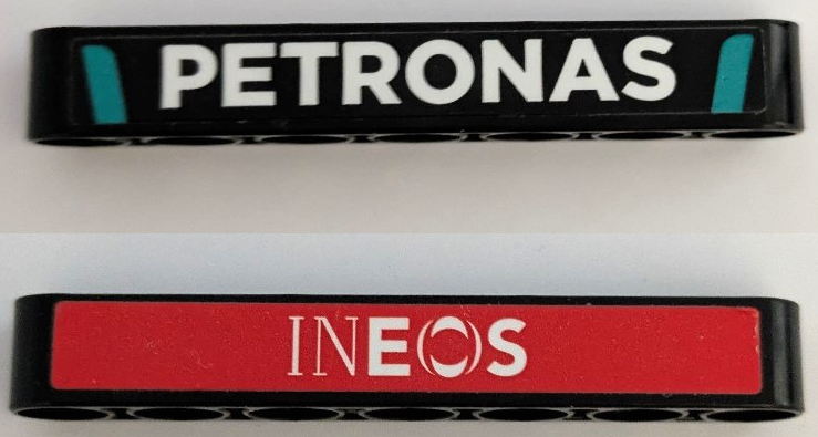 Lego Technic, Liftarm Thick 1 x 7 with White 'INEOS' Logo on Red Background, 'PETRONAS' and Dark Turquoise Stripes Pattern on Both Sides (Stickers) - Set 42165