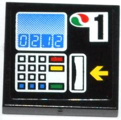 Lego Tile 2 x 2 with '02.12', Buttons, Card Swipe, Yellow Arrow, Octan Logo and Number 1 Pattern (Sticker) - Set 4207 / Black
