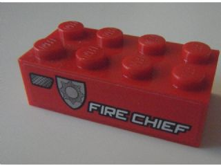 Lego Brick 2 x 4 with White 'FIRE CHIEF' and Silver Badge Pattern Model Left Side (Sticker) - Set 8154 / Red