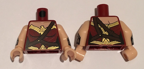 Lego Torso Female Outline and Gold Trim and Crossbelt Pattern (Wonder Woman) / Light Nougat Arms with Silver Gauntlet Pattern / Light Nougat Hands
