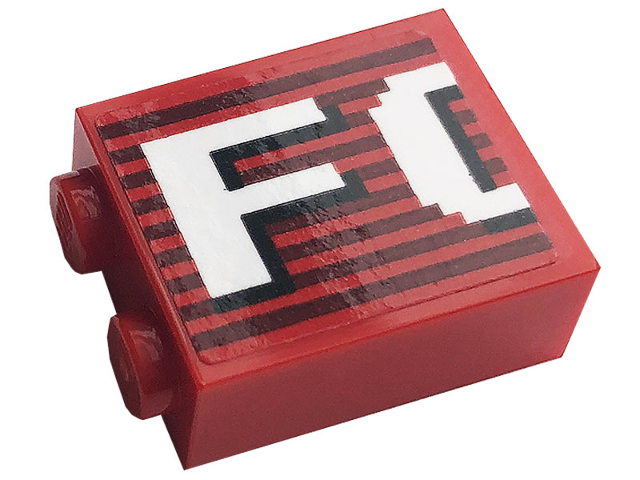Lego Brick 1 x 2 x 2 with Inside Stud Holder with Gray Stripes and White 'FO' Pattern (Sticker) - Set 10272 / Red